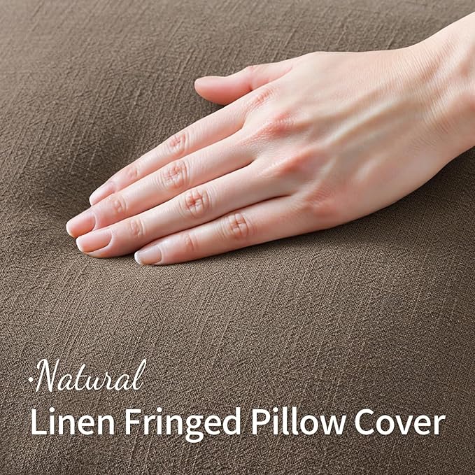 MIULEE Decorative Throw Pillow Covers Neutral Linen Fringe Throw Pillows Euro Shams Set of 2 Cocoa Brown Boho Farmhouse Cushion Covers for Couch Sofa Bed Living Room Spring Home Decor 24x24 Inch