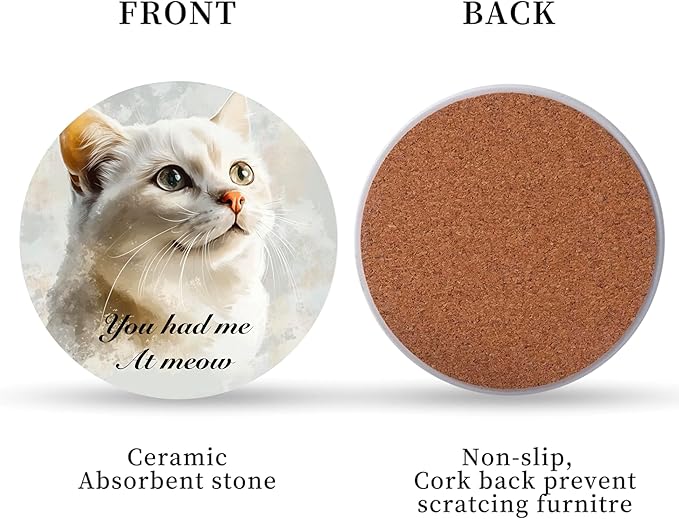 Absorbent Cat Coasters Set of 6 with Holder - Cute Kitty Design Ceramic Coasters for Drinks, Home Decor Gifts for Pet Owners, Birthday Gifts
