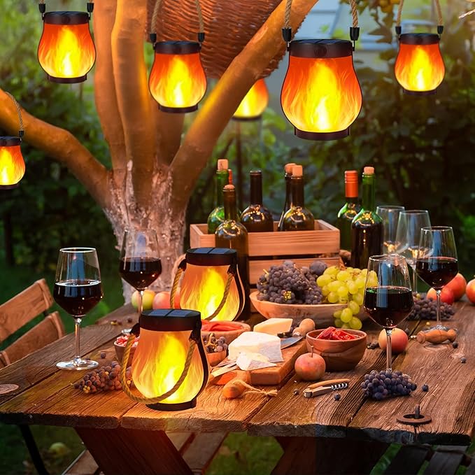 Solar Lanterns Outdoor Waterproof, 2 Pack Dancing Flame Solar Lantern Outdoor Lights, USB/Solar Powered Hanging Outdoor Lanterns Decorative for Outside Porch Yard Garden Patio Decor