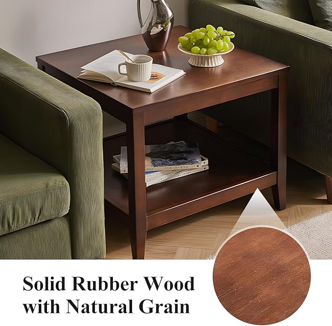 Side Table, Solid Wood Square End Table with Storage Shelf, 2-Tier Coffee Table for Living Room, Rubber Wood Small Sofa Table, Nightstand 23.62 H x 23.62 W x 23.62 D Inches (Walnut)