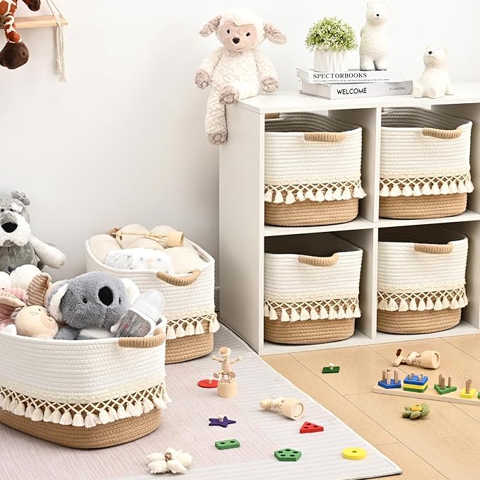 3 Pack Storage Basket for Shelves, Boho Cotton Rope Storage Bins with Heavy Tassel, Shelf Baskets Large Woven Baskets for Organizing, Cube Organizer Bins, Baby Laundry Basket for Clothes, Toys, Pets