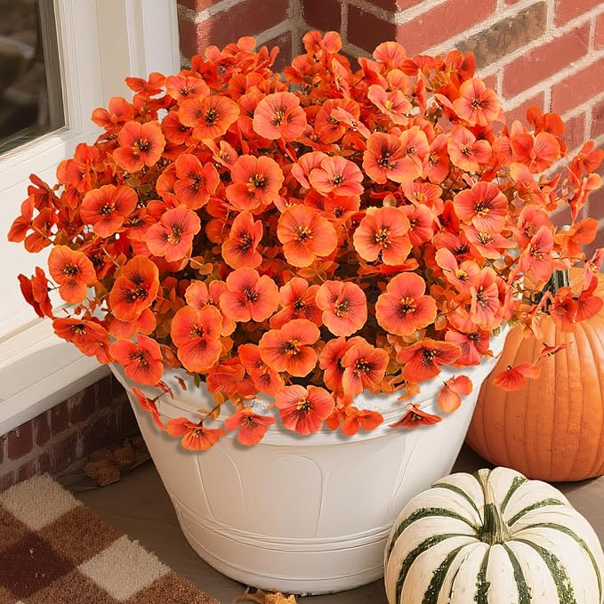 Artificial Fall Flowers for Outdoor, 12 Bundles Faux Pansy Fake Mums Flowers Plants Outdoor Fall Decor, UV Resistant No Fade Silk Flower for Autumn Porch Planter Patio Windowbox Yard Garden(Orange)