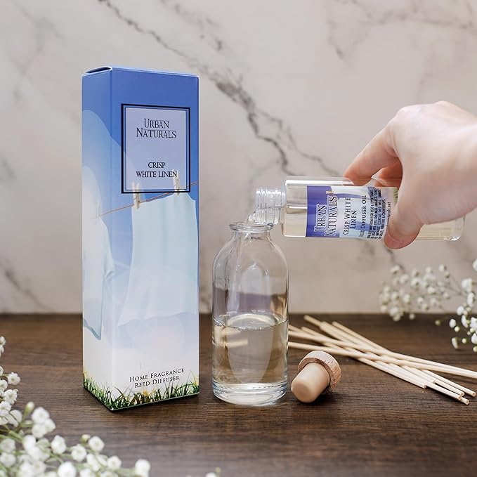 Urban Naturals Baby Powder Bliss Reed Diffuser Set | Made with Essential Oils & Real Botanicals | Powdery Floral Notes, Rose, Geranium, Musk & Cedar | Makes a Great Gift | Made in The USA