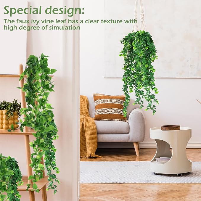 Hoteam 12 Pcs Artificial Hanging Plants 32 Inch Fake Ivy Vines with Fake Leaves Patio Artificial Plants Greenery for Living Room Indoor Outdoor Wall, No Basket (Pothos,Eucalyptus)