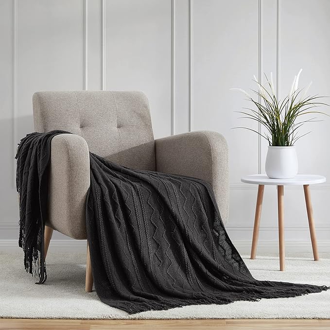 BOURINA Black Throw Blanket 50x60 Inches Throw Textured Solid Soft Sofa Couch Decorative Knit Blanket