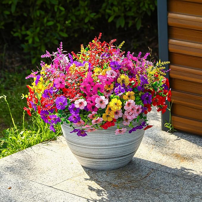 SHareconn 48 Bundles Artificial Flowers for Outdoors Decoration, Faux Plants Fake Silk Colorful Daisy Eucalyptus Lavender, UV Resistant for Outside Home Porch Patio Indoor Spring Decor, Mix 5 Colors