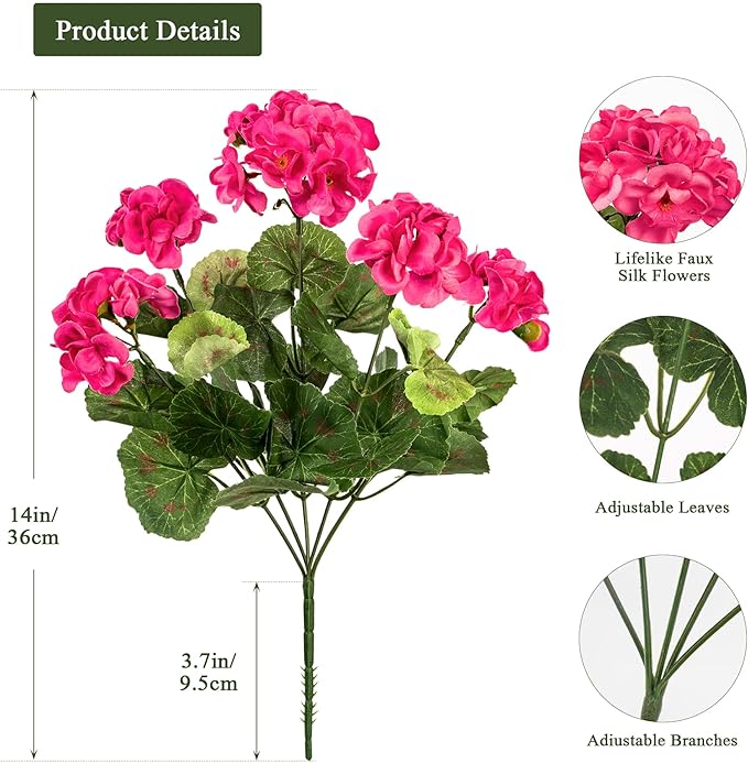 4PCS Home Decor Fake Plants Artificial Flowers Artificial Geraniums Outdoor Fake Flowers Artificial Flowers Fake Silk Bouquet, Fall Decor for Interior Porch Garden Decoration 14.4"(Rose Red)