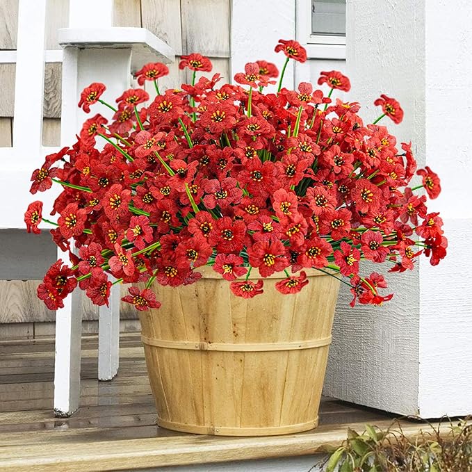 Krissing 48 Bundles Outdoor Artificial Flowers UV Resistant Fake Silk Flowers Faux Plastic Plants Outside Garden Porch Window Box Summer Decoration (Red)