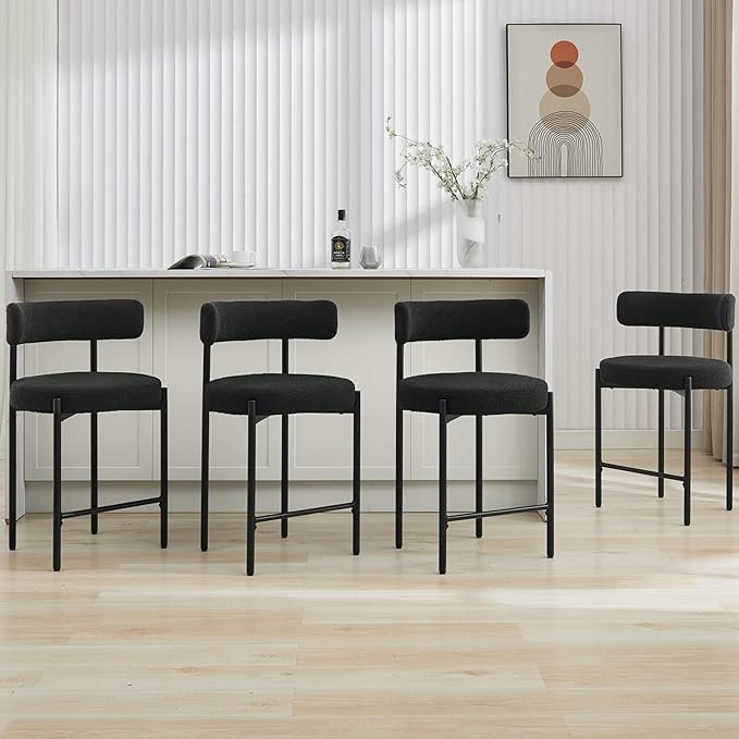 24'' Boucle Bar Stools Set of 3, Black Bar Stools with Backs, Counter Height Bar Height Stools for Kitchen Island, Upholstered Bar Chairs