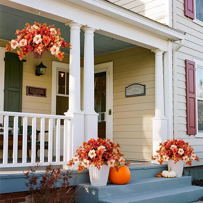 Fake Fall Flowers Artificial for Outdoors Decoration, 2PCS Faux Fall Flowers for Outdoor Planters, Autumn Hibiscus UV Resistant No Fade for Home Porch Patio Garden Balcony Yard Indoor Decor