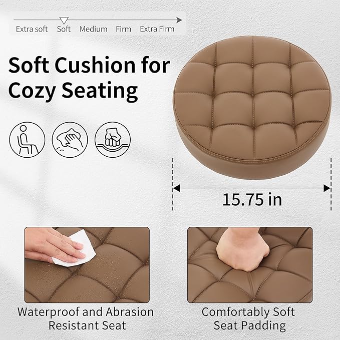 Stool for Work (Adjustable Height 20-27 inch) (Quiet Wheels and Aluminum Base) Vanity Stool for Makeup Room (Coffee Brown)