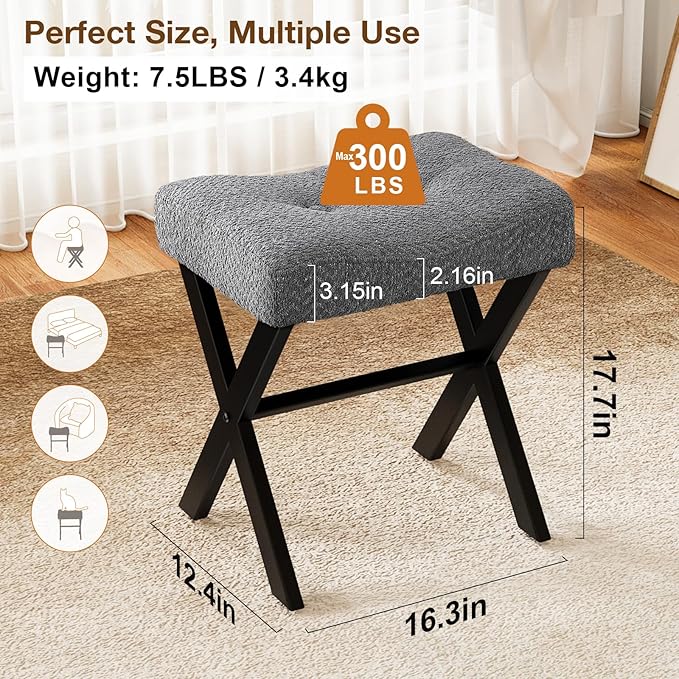 18-Inch Vanity Stool Chair, Vanity Bench with Metal X-Legs, Ottoman Accent Stool with Breathable and Soft Boucle Fabric Saddle Seat, Grey
