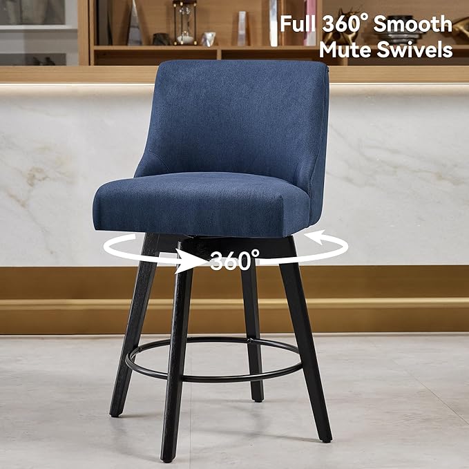 Vipbear Counter Height Bar Stools Set of 2, 26" H Swivel Bar Stools with Backs, Linen Fabric Upholstered Bar Chairs with Solid Wood Legs for Kitchen Island, Dining Room, Home Bar, Deep Blue
