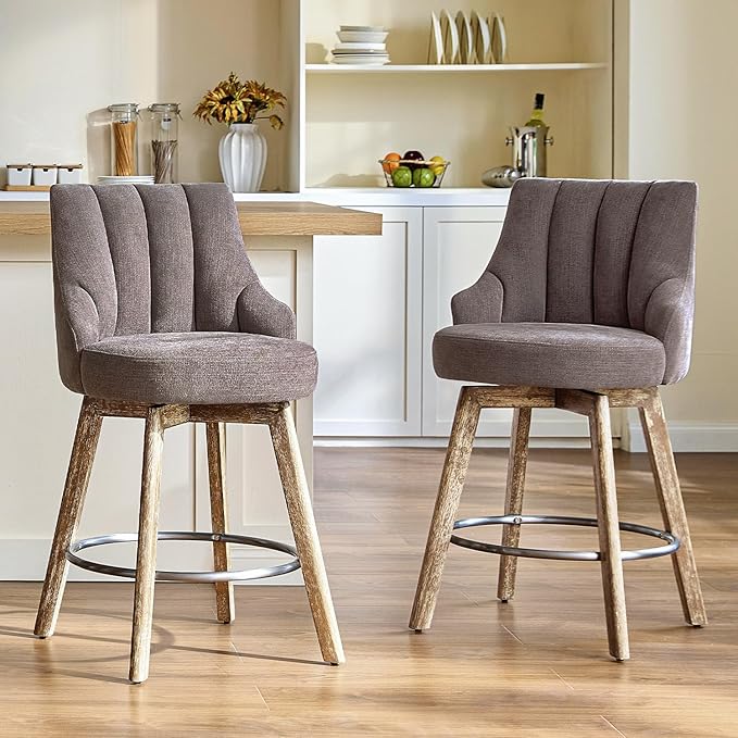 IWOOD Counter Height Bar Stools,Swivel Bar Stools with Backs,Barstools Set of 2,26'' Solid Wood Legs,Thick Seat Upholstered Linen Fabric Counter Height Stools in Grey