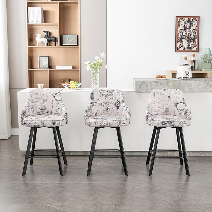 Bar Stools Set of 2, 26" Swivel Counter Height Bar Stools with High Back, Linen Kitchen Barstools Counter Height for Kitchen Island (Beige (Nautical Print), 2PCS 26" Counter Stools)