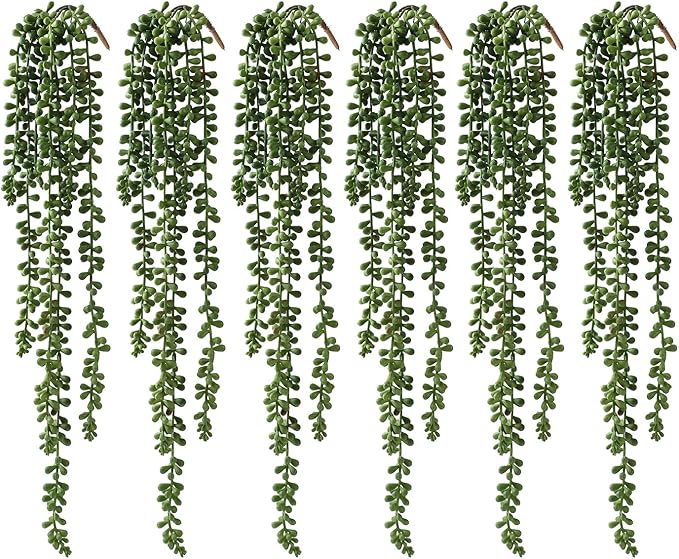 6 Pcs Artificial Succulents Hanging Plants, Fake String of Pearls Greenery Plants, Decoration for Wall, Home, Backdrop, Garden, Indoor and Outdoor