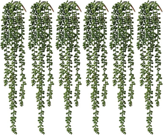 6 Pcs Artificial Succulents Hanging Plants, Fake String of Pearls Greenery Plants, Decoration for Wall, Home, Backdrop, Garden, Indoor and Outdoor