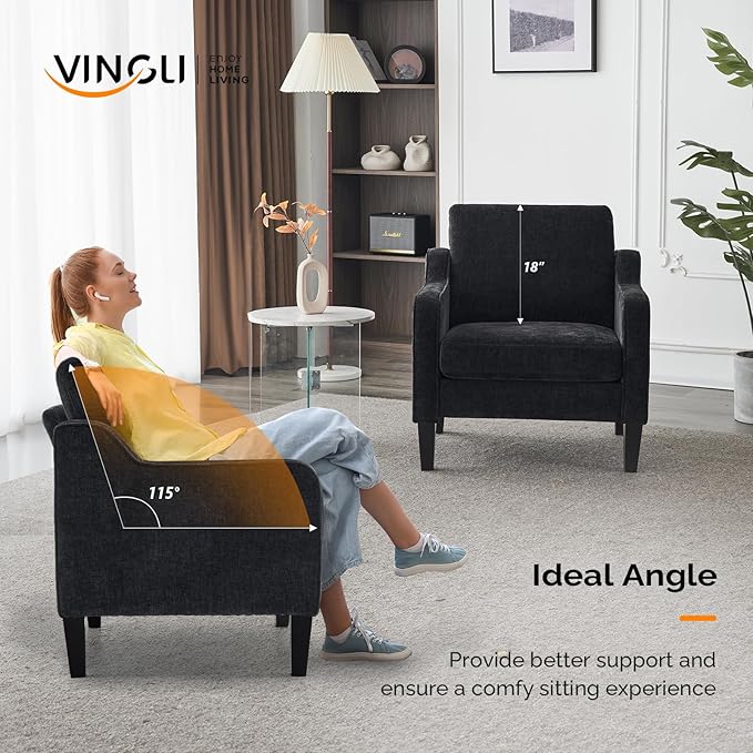 VINGLI Mid Century Modern Accent Chairs - Soft Chenille Upholstered Arm & Side Chairs for Living Room & Reading (Black Chenille)