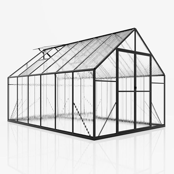 Amerlife 6x12x6.3 FT Ft Polycarbonate Greenhouse for Outdoors, Walk-in Design with Aluminum Frame, 2 Windows and Swing Door, Heavy-Duty Greenhouse Construction for Garden, Black