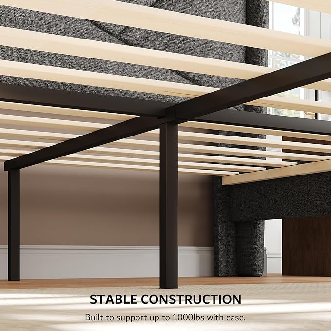 iPormis Full Size Bed Frame with Charging Station, Linen Platform Bed Frame with Wingback Headboard Upholstered Bedframe, Solid Wood Slats Support, No Box Spring Needed, Easy Assembly, Dark Grey