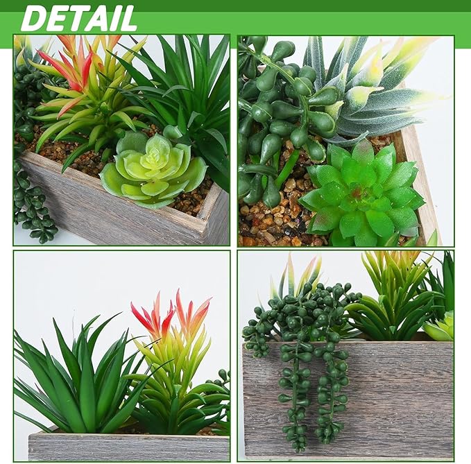 Artificial Succulents Plants Indoor Faux Succulent Potted Arrangement in Rectangular Wooden Pot for Table Centerpiece Windowsill Coffee Patio Farmhouse Decor