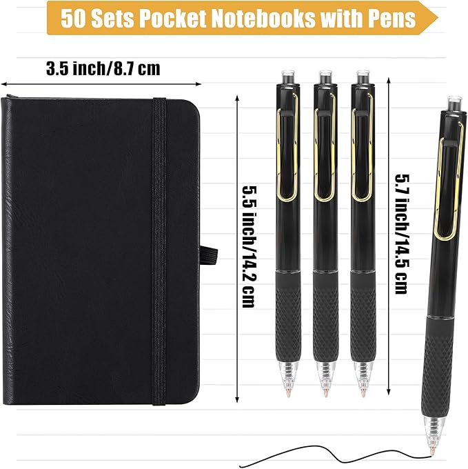 Aodaer 50 Sets Pocket Notebook Journal with Pens, 160 Pages, 3.5 x 5.5 Inch Mini Lined Journal Notebook A6 Leather Hardcover College Ruled Notepad with Pen Holder for School Office Gifts, Black