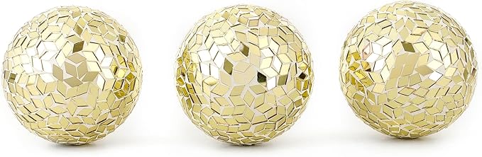 Alpha Living Home 3.5" Glass Mosaic Elegant Antique Gold Metal Sphere Set of 3 - Chic Centerpieces, Farmhouse & Art Deco Home Accents, Vintage Modern Table Decor, Indoor/Outdoor Ornament (Gold)