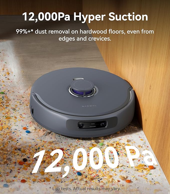 NARWAL Freo Z Ultra Robot Vacuum and Mop Combo, Dual RGB Cameras and Chips, AI Avoidance, 12000Pa Suction, Real-Time Decisions, Adaptive Hot-Water Self Wash & Self Emptying, Pet Hair, Quiet, Grey