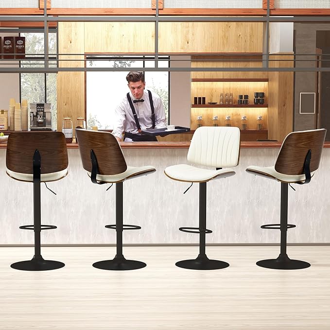 ECOTOUGE Bar Stools Set of 4, Adjustable Bar Stools for Kitchen Island with Back and Leather Seat, Swivel Barstools for Kitchen Counter, Bar Dining Chairs, Ivory White/Beige