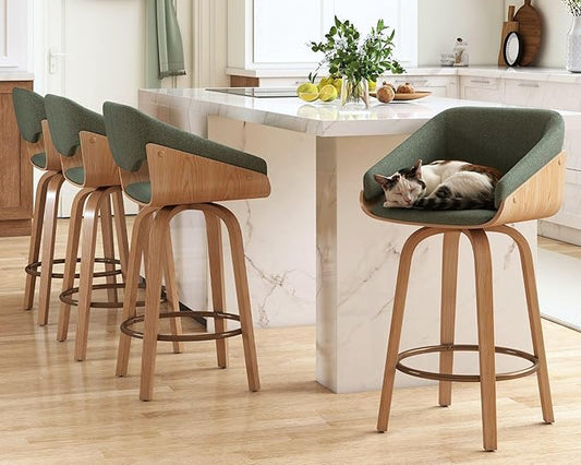 HNY 26 Inch Swivel Bar Stools with Back Set of 4, Green Linen Upholstered Counter Height Barstools with Solid Bentwood Frame, Round Footrest, Modern Barrel Counter Stools for Kitchen Island, Home Bar