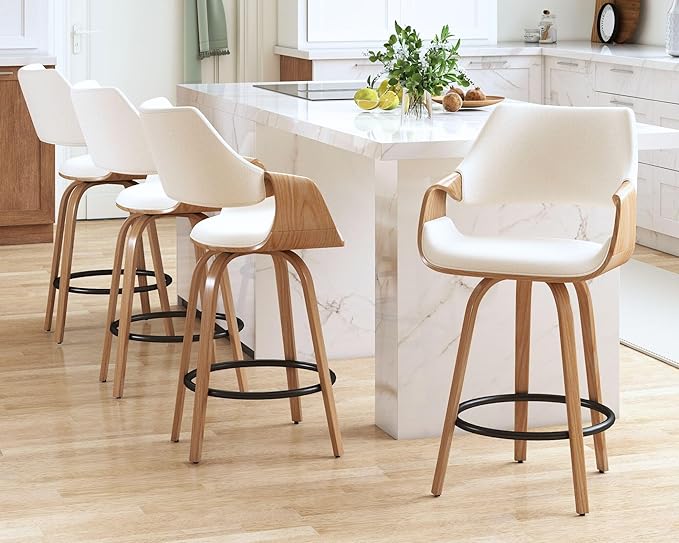 26 Inch Modern Barrel Swivel Counter Stools Counter Height Swivel Bar Stools with Backs Set of 2, Cream Linen Upholstered Bar Height Island Chairs, Farmhouse Solid Wood Barstools for Kitchen Island