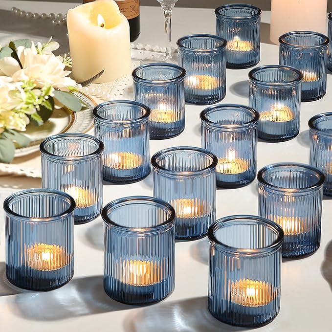 36pcs Votive Candle Holders, Blue Glass Votives Ribbed Tea Light Candle Holders Bulk for Baby Shower, Tea Lights Candles Holder for Home Party Wedding Decoration & Gift
