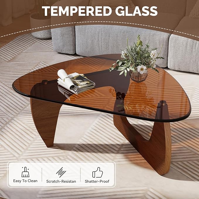 Modern Glass Coffee Table, Triangle Center Table with Tempered Glass Top& Unique Wooden Base, 35.5” Mid Century Tea Tables for Living Room, Apartment, Office,Walnut & Brown