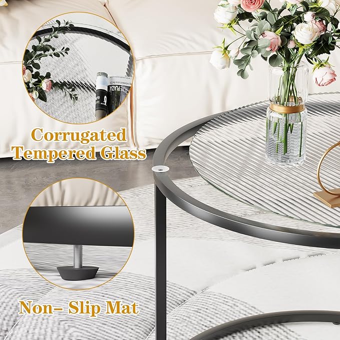aboxoo Gold Nesting Coffee Table Set of 2, Small Glass Round Nesting Tables for Living Room Bedroom, Accent Tea Table with Black Metal Frame Modern Industrial Simple