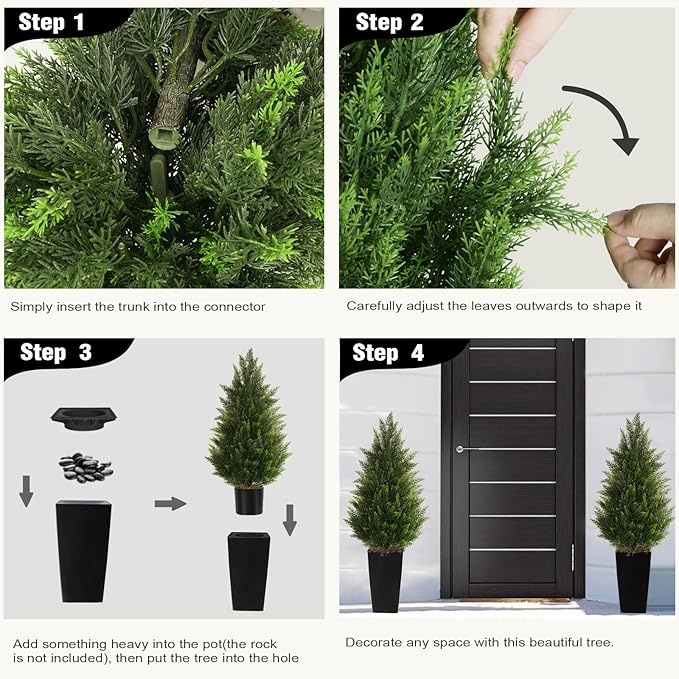 4FT Tall 2 Set Artificial Topiary Cedar Tree, Indoor Realistic Faux Cypress Plants with Square Flowerpot, Outdoor Evergreen Fake Shrubs for Home Living Room Front Porch Decor