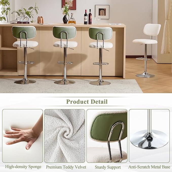 Furniliving Adjustable Bar Stools Set of 4, Modern Teddy Velvet Swivel Barstools with Curved Back, Stylish Armless Counter Height Bar Stools Bar Chairs for Kitchen Island, Bar, Green
