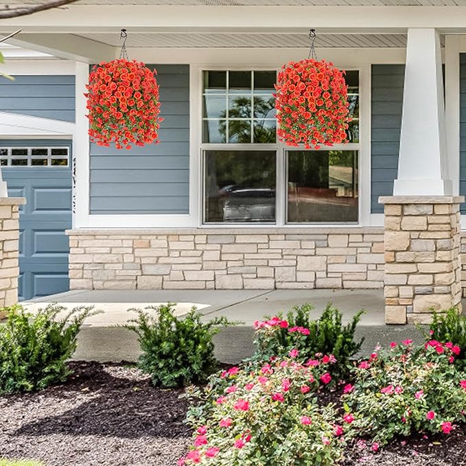 Artificial Faux Fall Hanging Flowers Plants for Outdoor Decor,2 PCS Fake Silk Morning Glory with Eucalyptus UV Resistant Realistic Mums for Wall Home Porch Patio Balcony Yard Indoor Decor, Orange