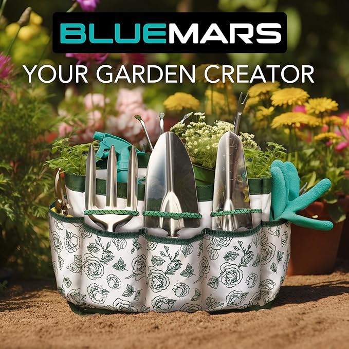 Bluemars Gardening Hand Tool Kit 14PCS Heavy Duty Stainless Steel Garden Tool Set with Floral Garden Tote -Outdoor Gardening Transplanting Gifts for Woman
