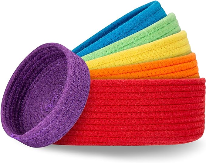 Small Shelf Storage Baskets for Organizing, 6 Pack Round Cotton Rope Bins, Decorative and Cute Woven Baskets for Bedroom and Closet, Key Tray Bowl, Home Decor Countertop Organizer (Rainbow)