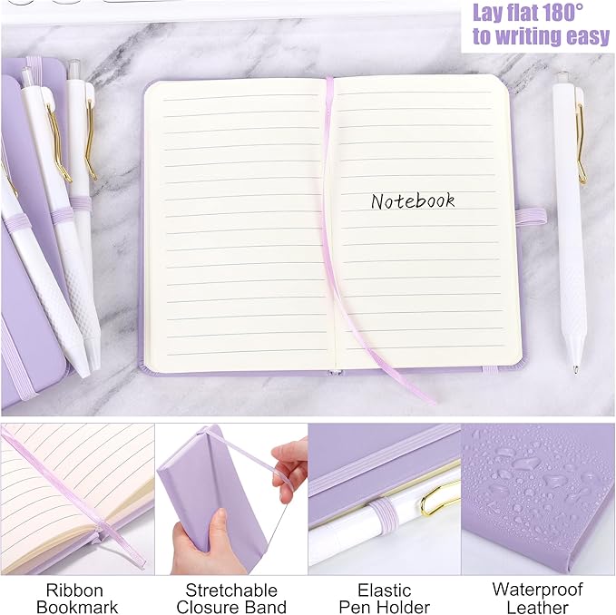 Aodaer 50 Sets Pocket Notebook Journal with Pens, 160 Pages, 3.5 x 5.5 Inch Mini Lined Journal Notebook A6 Leather Hardcover College Ruled Notepad with Pen Holder for School Office Gifts, Lavender