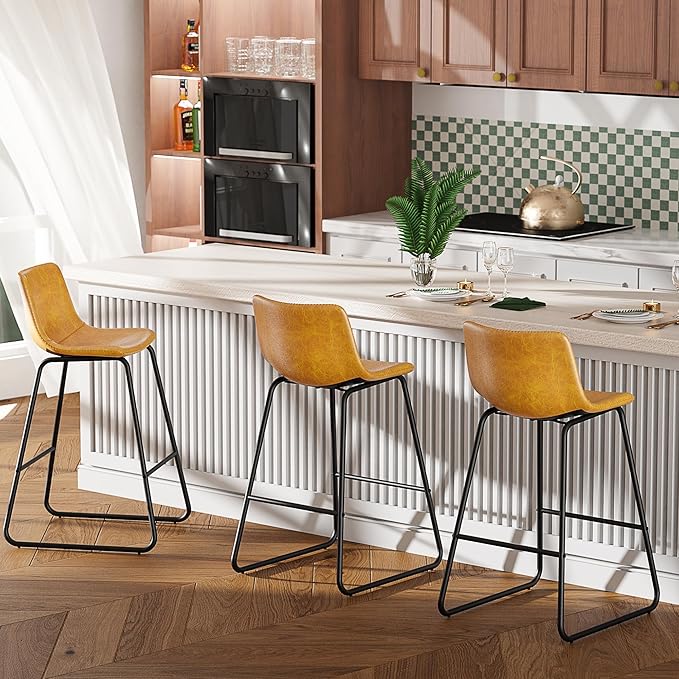 Bar Stools Set of 2, Modern Counter Height Bar Stools with Back, 26 inch Faux Leather Bar Stools with Metal Legs and Footrest, Urban Armless Dining Chairs for Kitchens Island (Brown)
