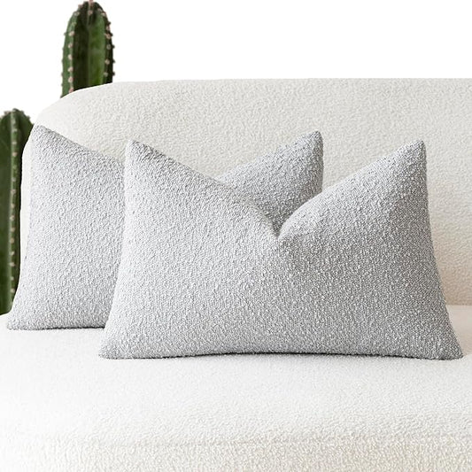 Foindtower Pack of 2 Textured Boucle Throw Pillow Covers Accent Solid Decorative Lumbar Pillow Cases Cozy Woven Couch Cushion Case for Sofa Bedroom Living Room Home Decor, 12 x 20 Inch,Light Grey