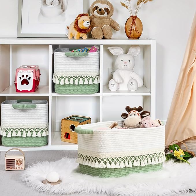 2 Pack Storage Basket, Heavy Tassel Woven Baskets for Storage, Boho Cotton Rope Storage Bin, Cube Organizer Bins, Baby Laundry Basket for Clothes, Toys, Diapers, Pets（White & Green）
