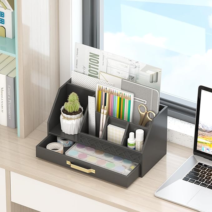 Bamboo Desk Organizer with Drawers, Mail Organizer Countertop Wood Desk Drawer Tabletop Storage Organization Pen Holder Letter Sorter Makeup Organizer for School Home Office (Black)