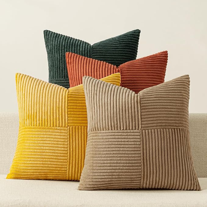 MIULEE Green Rust Throw Pillow Covers 20x20 Inch Set of 4 Boho Farmhouse Soft Corduroy Striped Cushion Cases Decorative Color-Clash Home Decor for Couch Sofa Living Room Bed