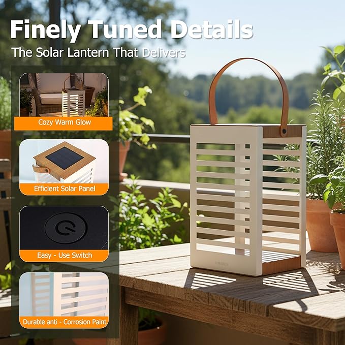 Solar Lantern with Handle - Outdoor Metal Solar Light (7.87×13.78"), Waterproof & Rustproof, 8H Auto-On Warm White Light, Portable for Patio, Porch, Balcony & Garden Decor (Single Pack, White)