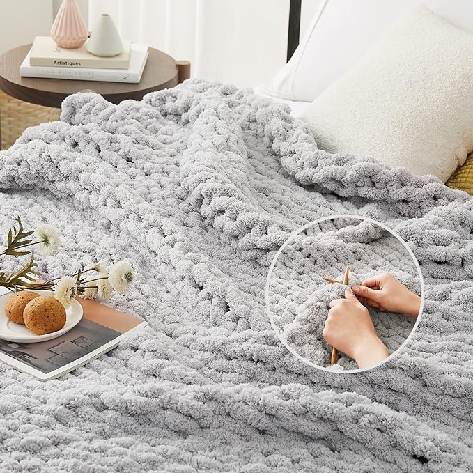 L'AGRATY Chunky Knit Blanket Throw, Soft Chenille Yarn, 60x80, Handmade Thick Cable Knit Crochet Blanket, Grey