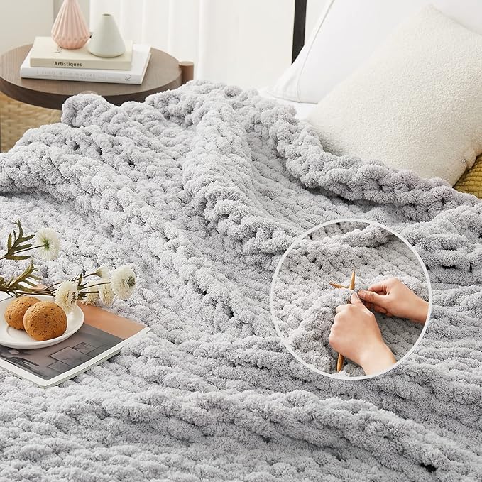 L'AGRATY Chunky Knit Blanket Throw: 80''x90'' Chenille Chunky Knitted Throw Blanket for Bed Couch - Handmade Thick Big Cable Knit Blankets - Large Crochet Rope Blankets for Home Decor(Grey)