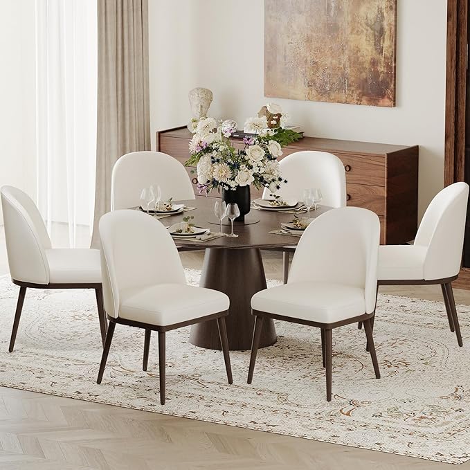 Upholstered Dining Chairs Set of 6, Large Dining Room Kitchen Chairs with High Back and Deep Seat, Modern Fabric Dinner Chairs with Wood Legs, Beige