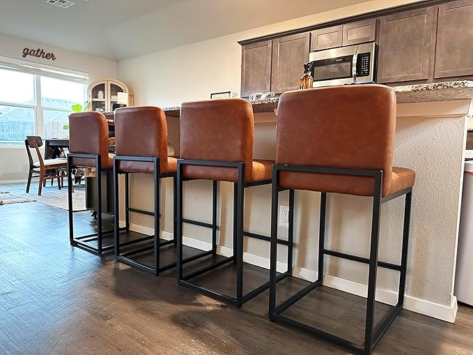 ALPHA HOME 24 Inch Bar Stools Set of 6, Kitchen Counter Stools with Backs, PU Leather Barstools, Kitchen Stools with Back&Upholstered Footrest, Sturdy Chromed Metal Steel Frame, Brown